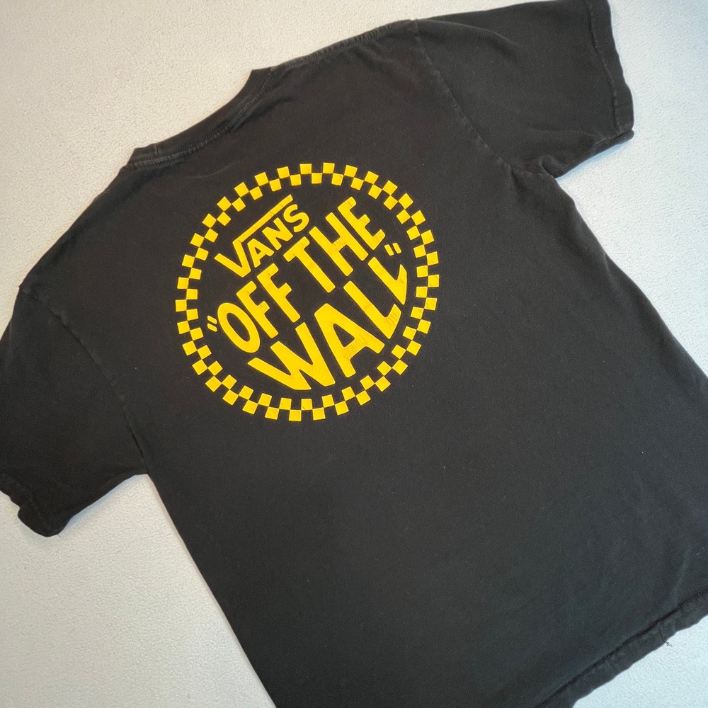 Vans Off The Wall Mens T-Shirt Black Yellow Checkered Graphic Tee Medium TCD5